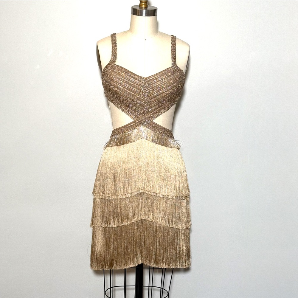 PATBO Metallic Fringe Cut Out Minidress - Size 6